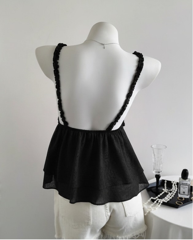 Orleans Lace Bow Tiered Ruffle Chiffon Camisole Tank