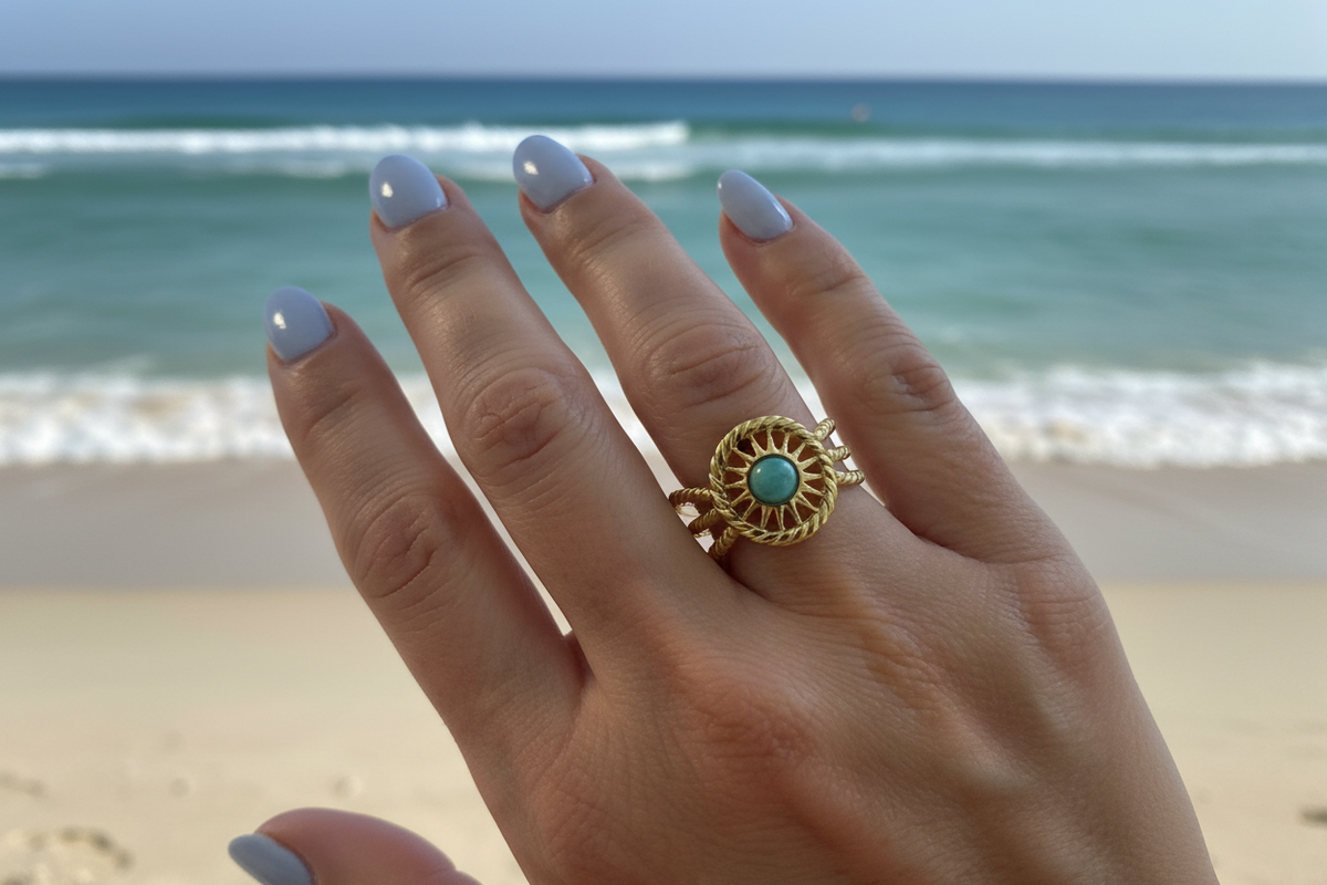Stainless Steel Vintage Style Amazonite Stone Sun Pattern Ring