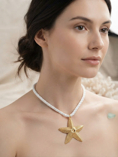Starfish Pendant White Rope Cord Necklace