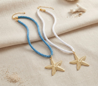 Starfish Pendant Blue Rope Cord Necklace
