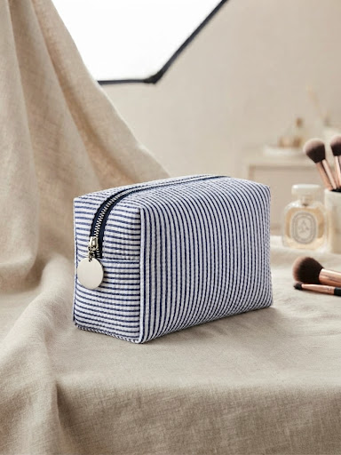 Navy Striped Seersucker Cosmetic Bag