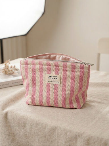 Pink Striped Canvas Pouch