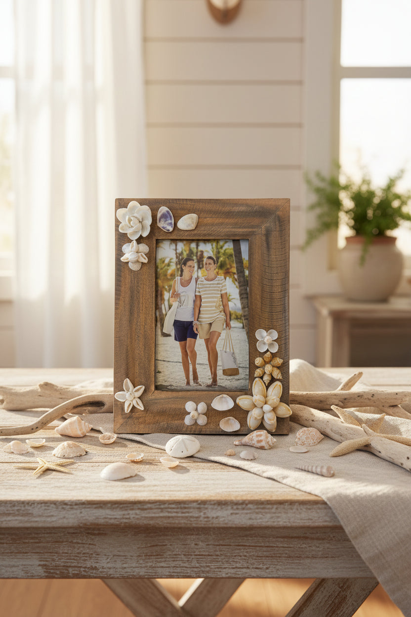 Coastal Wood & Shell Floral 4" X 6" Picture Frame