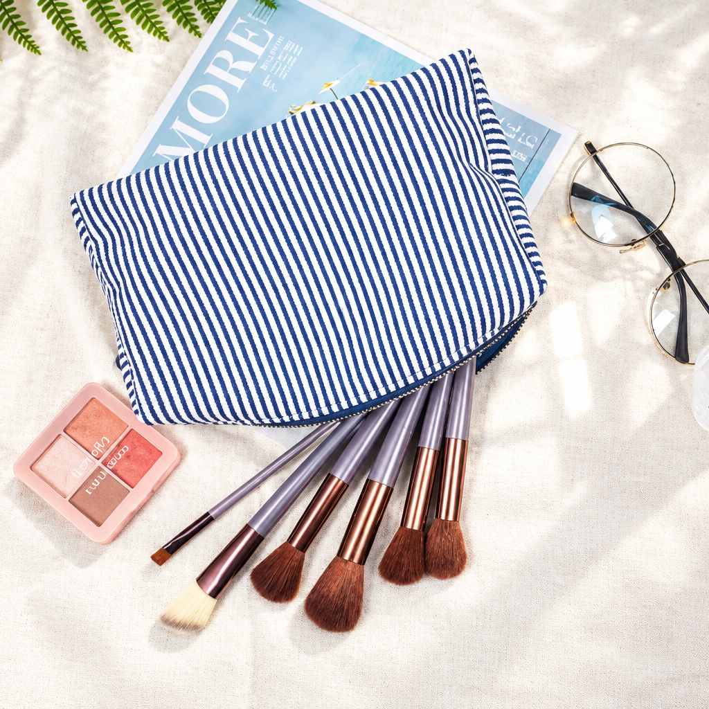 Navy Striped Seersucker Cosmetic Bag