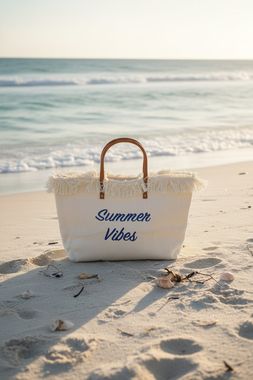 Women's Summer Vibes Canvas Beach Tote Bag With Fringe
