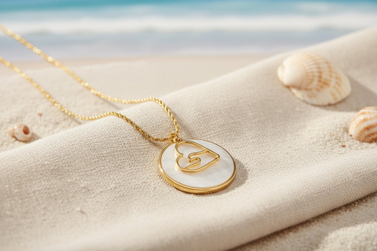 Gold Plated Shell Round Pendant Necklace with Heart Wave Overlay