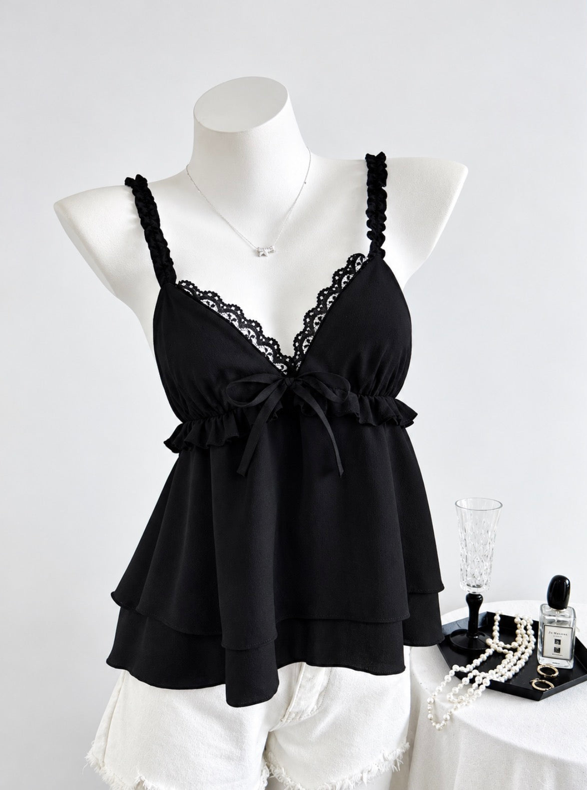 Orleans Lace Bow Tiered Ruffle Chiffon Camisole Tank