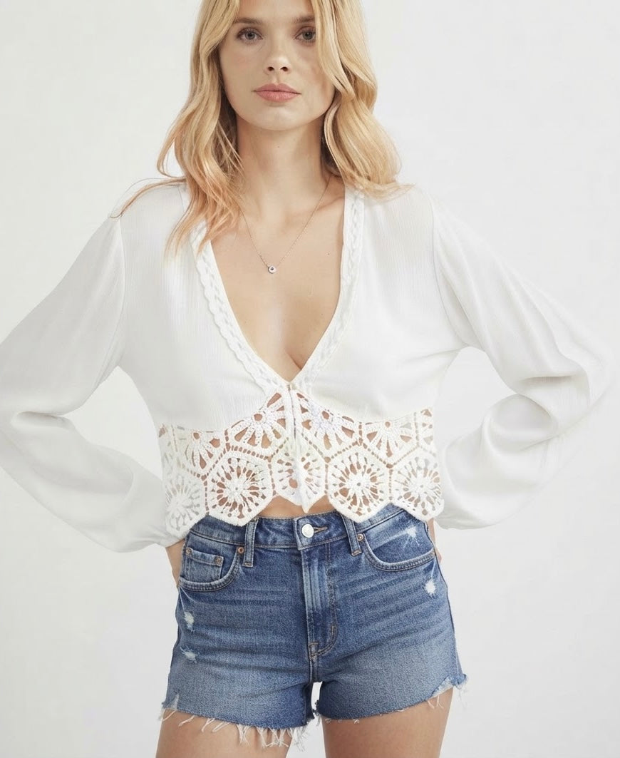 Long Sleeve Button Closure Crochet Crop Top