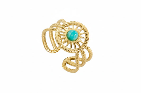 Stainless Steel Vintage Style Amazonite Stone Sun Pattern Ring
