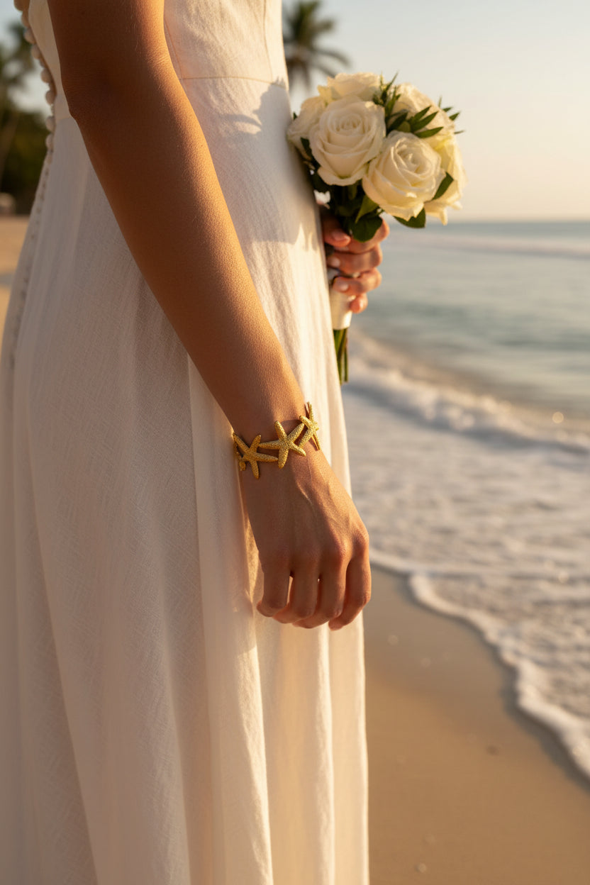 Ocean Starfish Open Cuff Stainless Steel 18K Gold-Plated Bangle