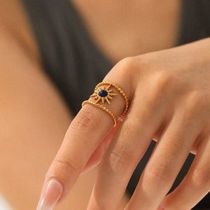 Stainless Steel Sunburst Ring with Blue Lapis Lazuli/ Beaded Band