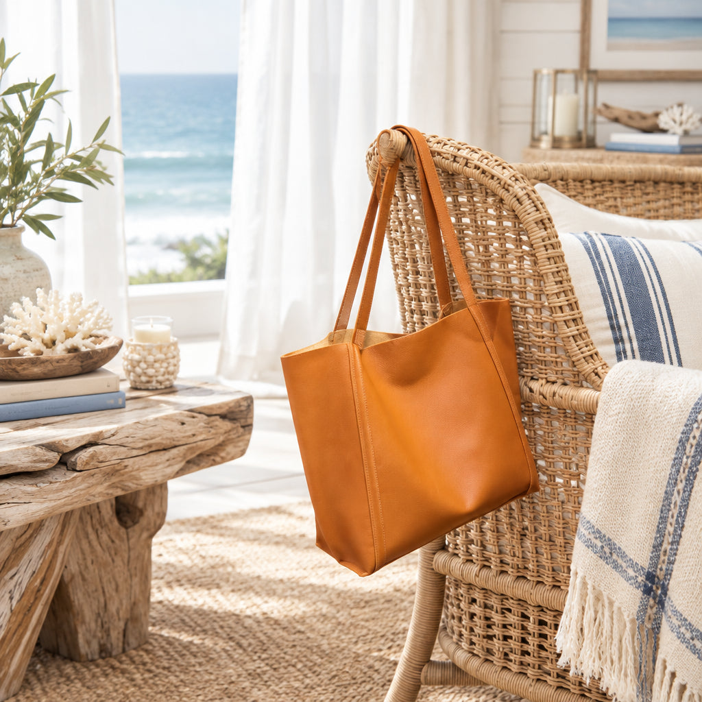Minimalist Dunes Faux Leather Tote Bag with Matching Pouch