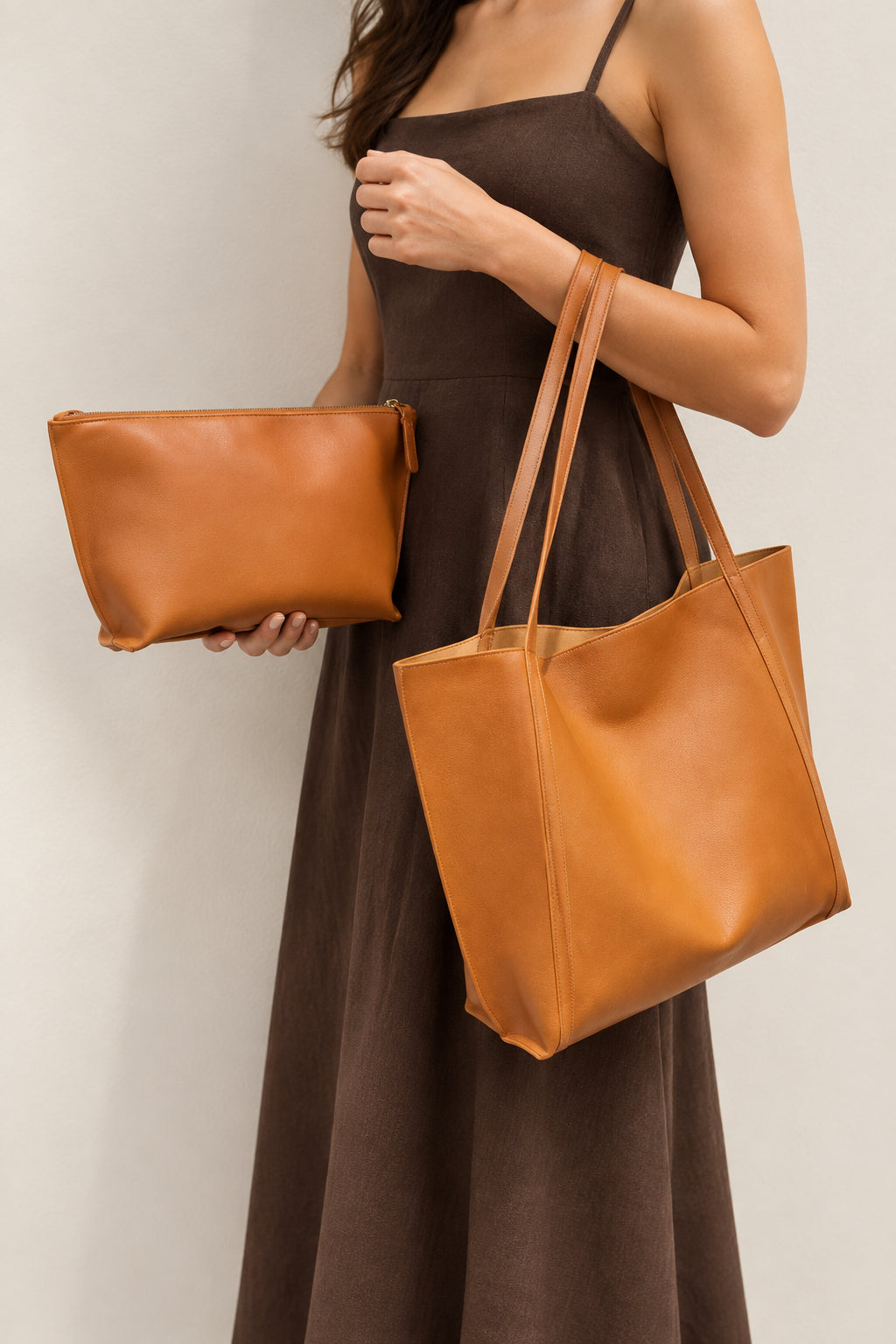 Minimalist Dunes Faux Leather Tote Bag with Matching Pouch