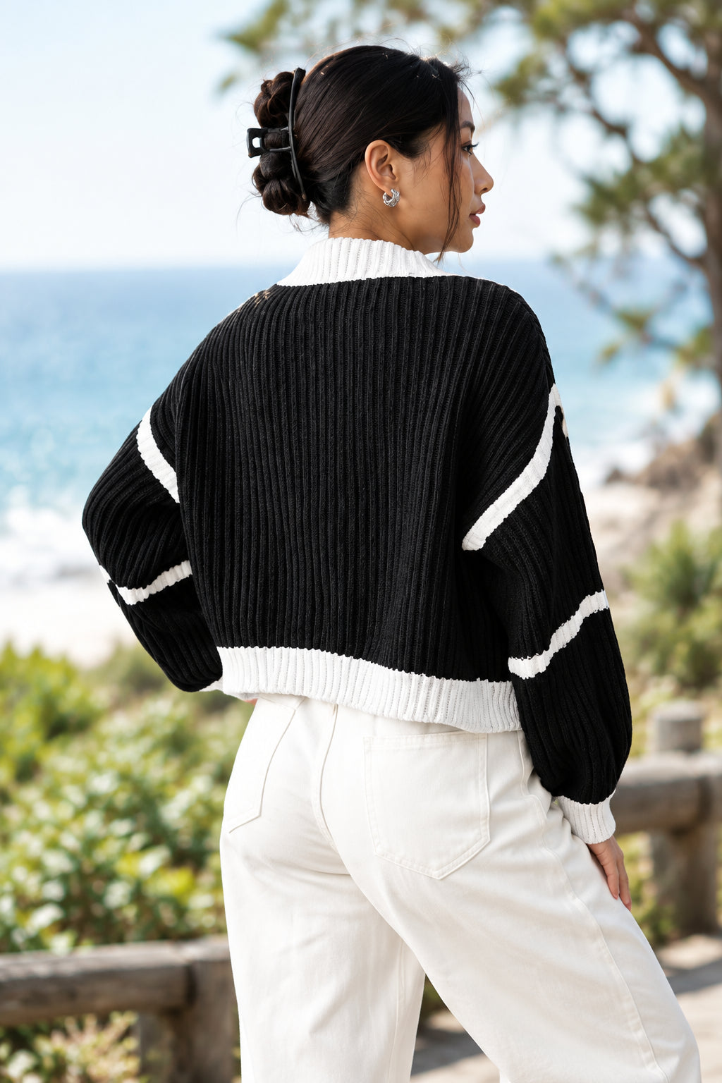 Wellfleet Color Block Knit Cardigan with Lantern Sleeve