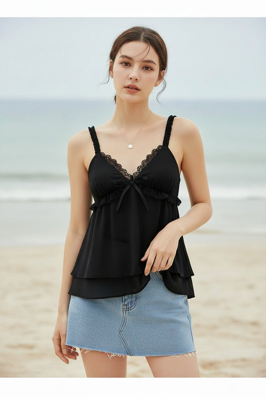 Orleans Lace Bow Tiered Ruffle Chiffon Camisole Tank