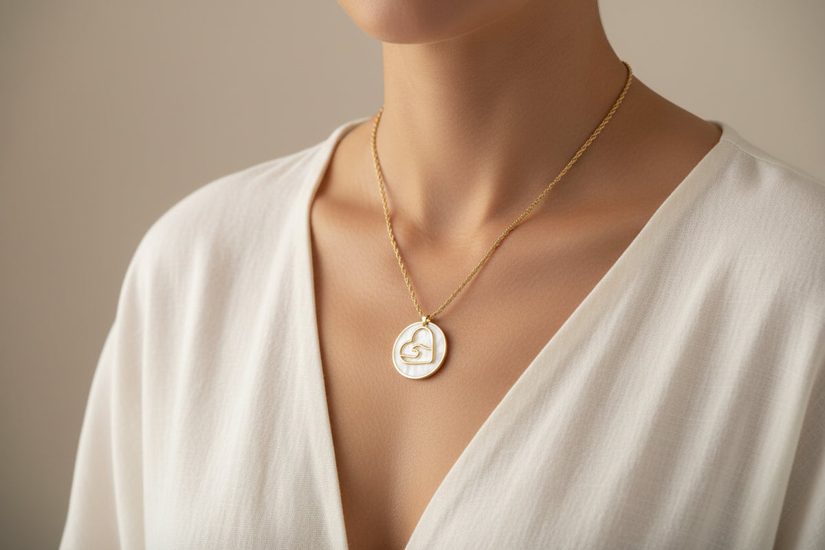 Gold Plated Shell Round Pendant Necklace with Heart Wave Overlay