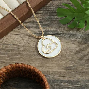 Gold Plated Shell Round Pendant Necklace with Heart Wave Overlay