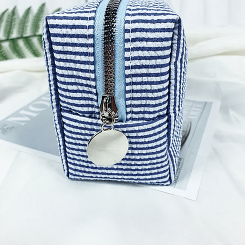 Navy Striped Seersucker Cosmetic Bag