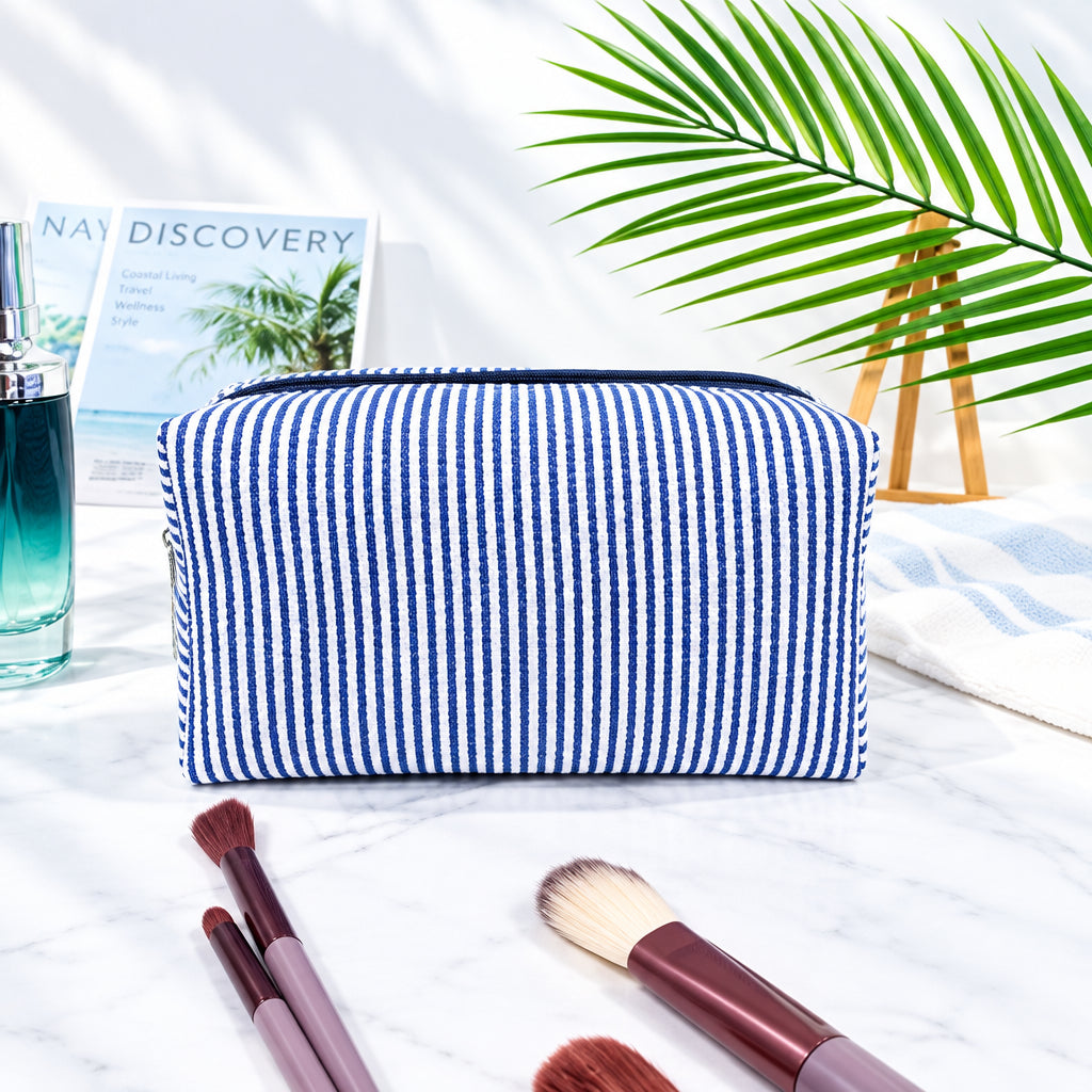 Navy Striped Seersucker Cosmetic Bag