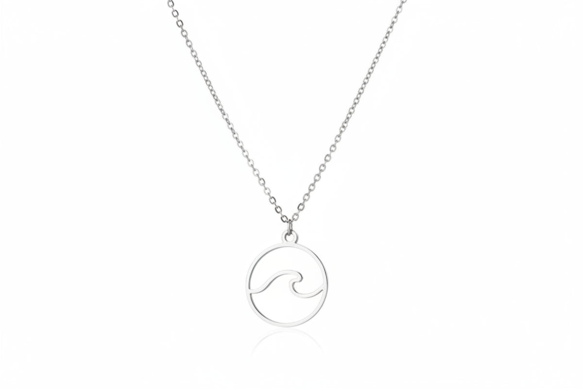 Round Tide Wave Pendant Silver Stainless Steel Necklace