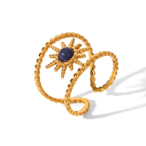 Stainless Steel Sunburst Ring with Blue Lapis Lazuli/ Beaded Band